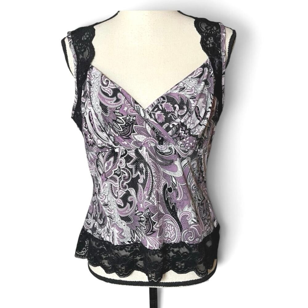 VTG Y2K Purple Paisley Black Lace Trim Babydoll Tank Top Large Whimsigoth Fairy